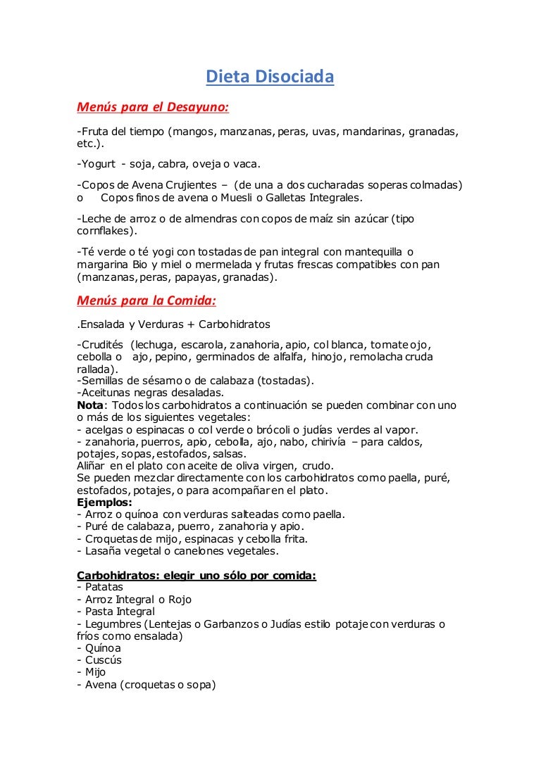 Ejemplos menus dieta disociada Ejemplos menus dieta disociada